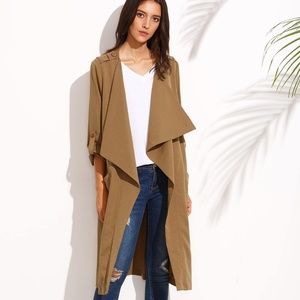 Khaki Lapel Pocket Rolled Up Sleeve Long Duster